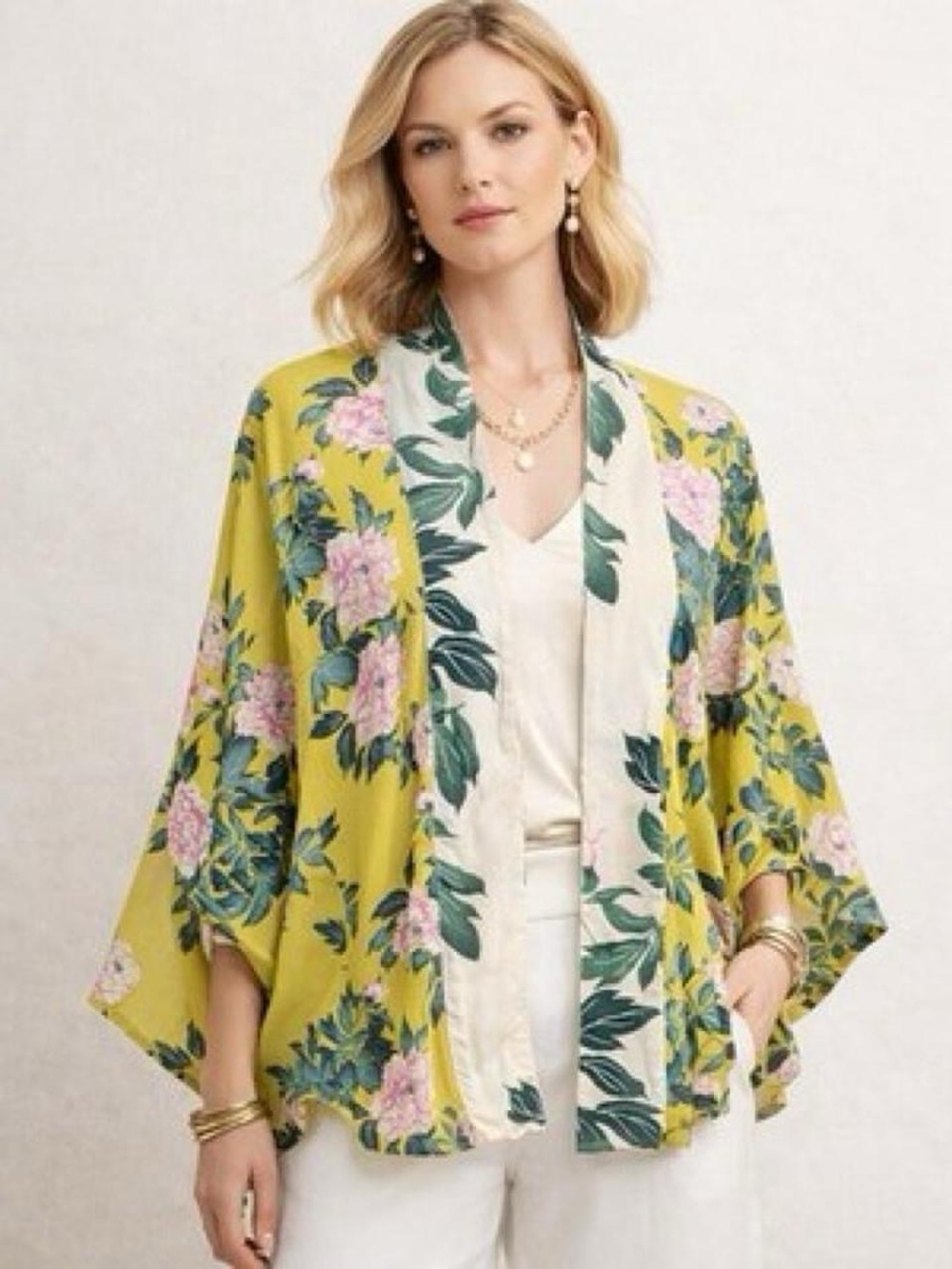Anthropologie Elma Yellow Floral Short Kimono Top O/S